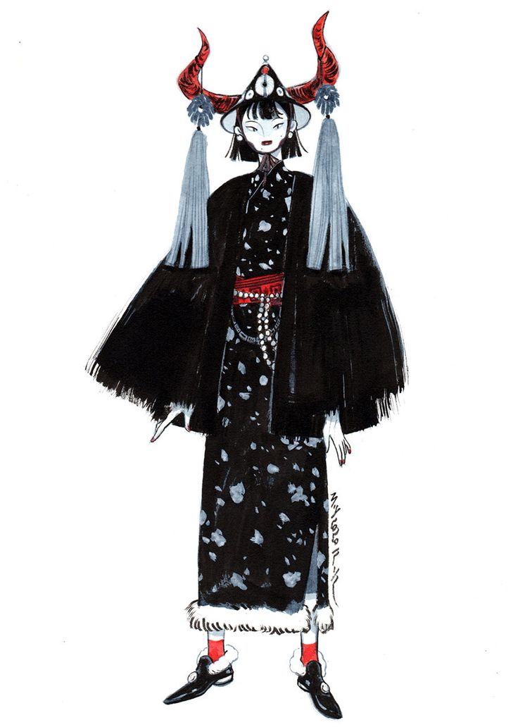 this is an illustration of a woman dressed in black and red fashion with a hat with red horns, white fur and black boots.  the woman is standing in a simple white background.