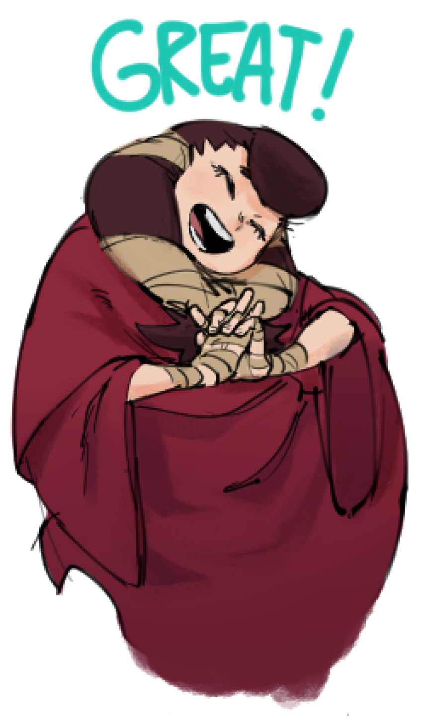 this is a cartoon drawing of a female character, she is wearing a red robe, she is smiling, laughing and holding her hands close to her chest, there are words "great!" above her head, the character looks very happy and excited.
