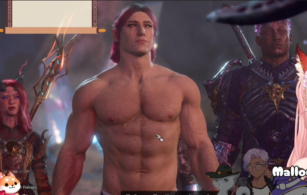 a screenshot from a video game showing four characters in a dark dungeon setting. the focus is on a shirtless, muscular male character with long, reddish hair. he is flanked by a female character in red armor and a male character in dark armor. the background suggests a ruined building, possibly a temple, with intricate carvings. the lighting is dramatic, highlighting the characters against the dark backdrop.