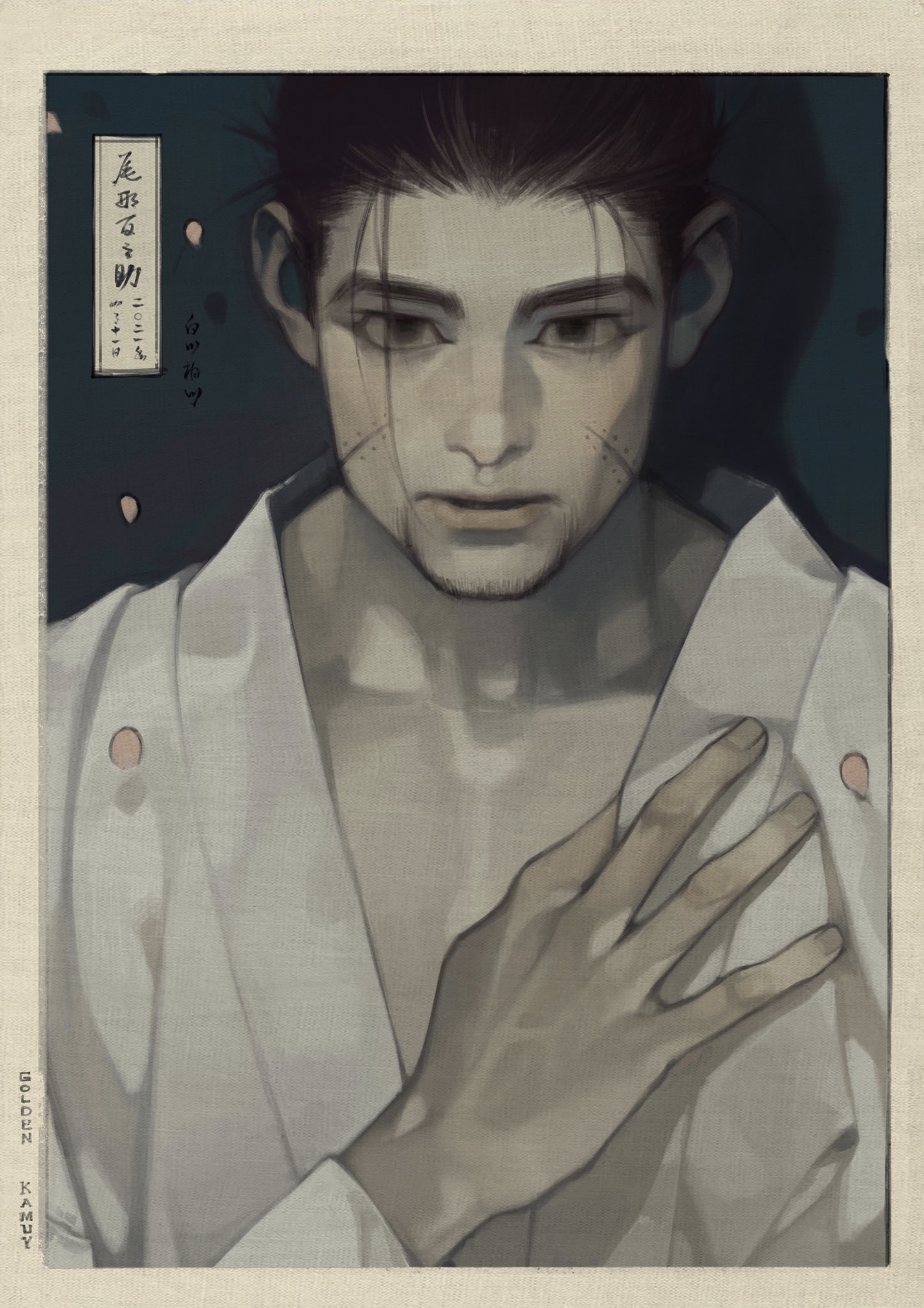 an anime styled portrait of a young man wearing a white kimono. he's looking off to the side with a thoughtful expression. the background is dark and shadowy.  the image appears to be a digital illustration, perhaps from a manga or anime.