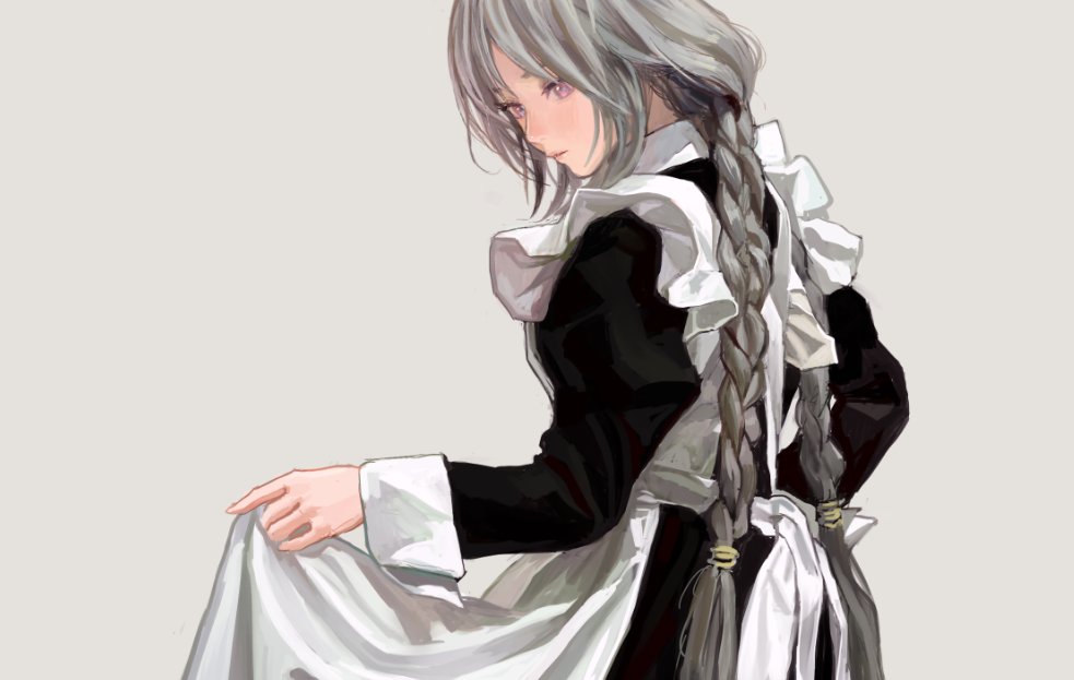 an anime girl with grey braided hair and pink eyes wearing a black and white maid outfit looks down and to the side.