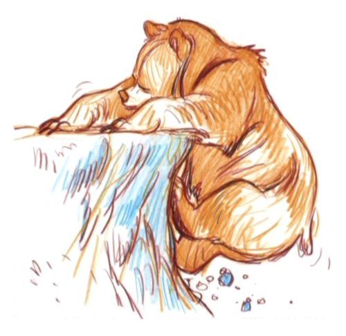 a colored pencil drawing of a brown bear sleeping on the edge of a blue cliff. the bear is curled up with its head resting on its paws. small blue shapes are scattered below the cliff.