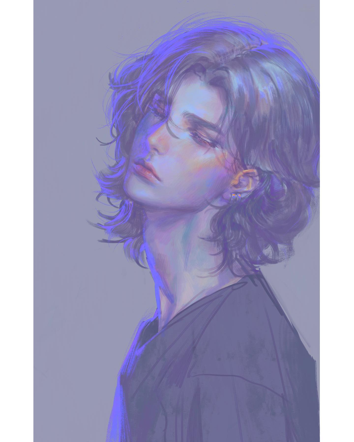 this is a digital illustration of a young man with long, black hair that falls around his shoulders. the art style is ethereal and dreamlike. the color palette is primarily shades of blue and purple, lending a moody and atmospheric feel to the artwork. he is looking slightly down and to the left of the frame.  he has a black shirt on with a partially open neckline.