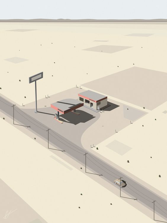 an aerial view of a gas station in the desert. the gas station is small and simple, with two pumps and a small convenience store. there are no other buildings or cars in sight. the road leading to the gas station is long and straight, and the power lines running alongside it stretch out across the desolate landscape. the sun is high in the sky, casting long shadows. the scene is a perfect example of the isolation and loneliness of the desert.