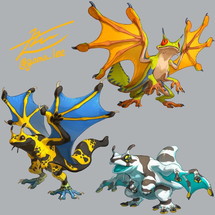 the image shows three cartoonstyle illustrations of fantastical frog creatures with wings. each frog has a unique color scheme and wing design. the first frog is green and blue with orange wings. the second frog is yellow and black with blue wings. the third frog is white and brown with turquoise wings.