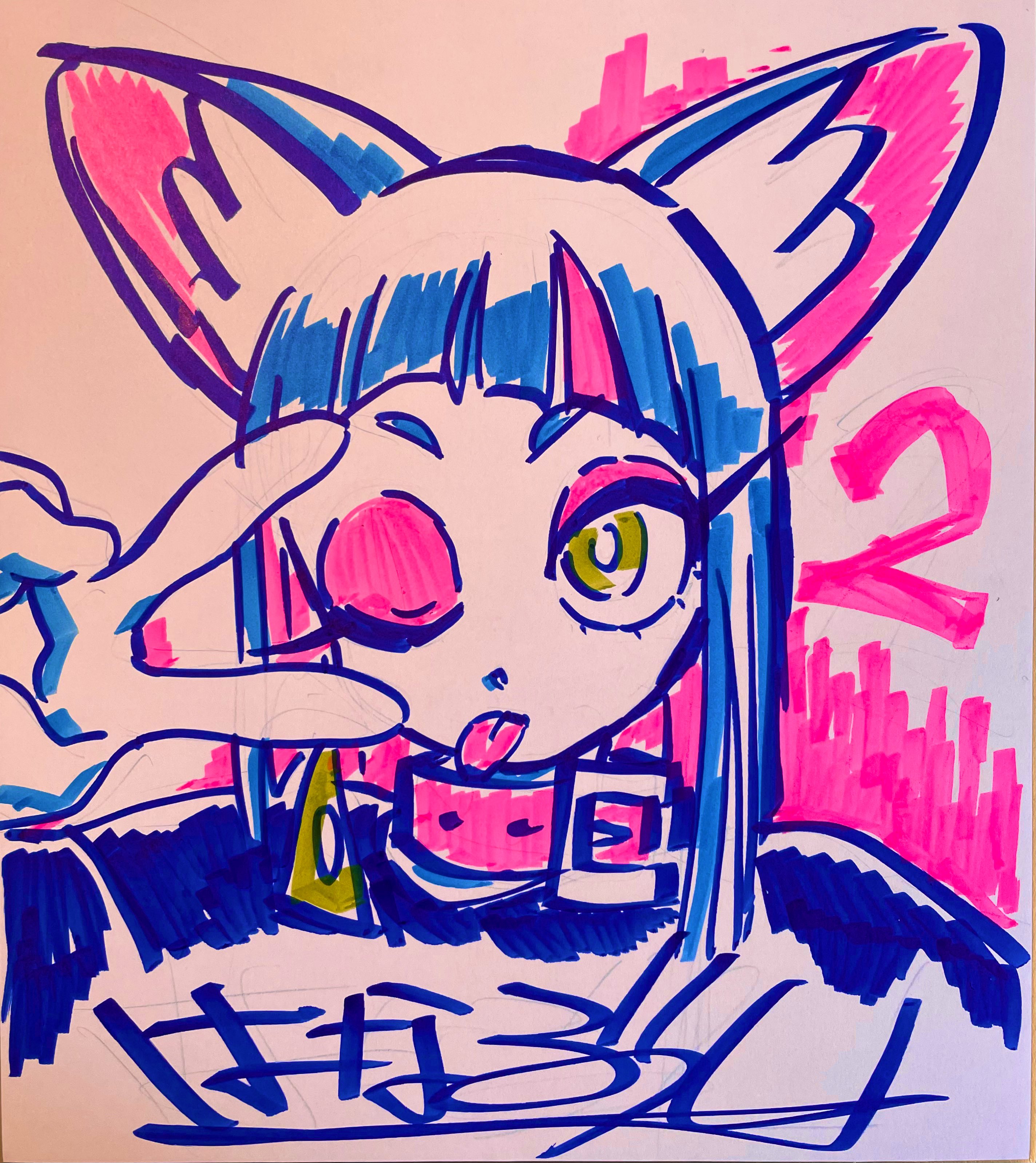 this is an animestyle drawing of a girl with cat ears. the drawing is done in a marker style with bright and vibrant colors. the girl is making a peace sign with her hand and sticking her tongue out. she has big eyes, long hair, and is wearing a collar with a heartshaped tag. the background is a simple gradient of pink and white. the artist's signature is visible at the bottom of the drawing.