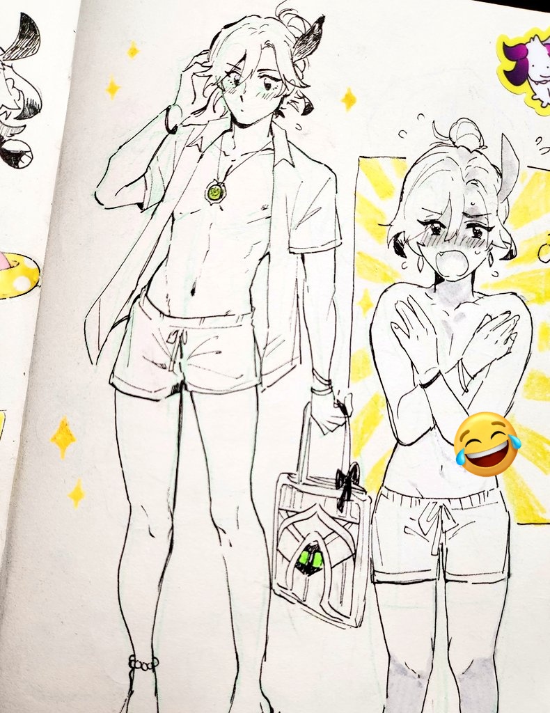 this is a drawing of a man and a woman, both with animestyle features, standing sidebyside. they are both wearing shorts and shirts and seem to be happy and enjoying their time together. the man is carrying a beach bag, and the woman has a big smile on her face. the drawing is done in black and white ink with a few details in color. there are several yellow stars drawn on the page around them. it seems they are going on a vacation together.