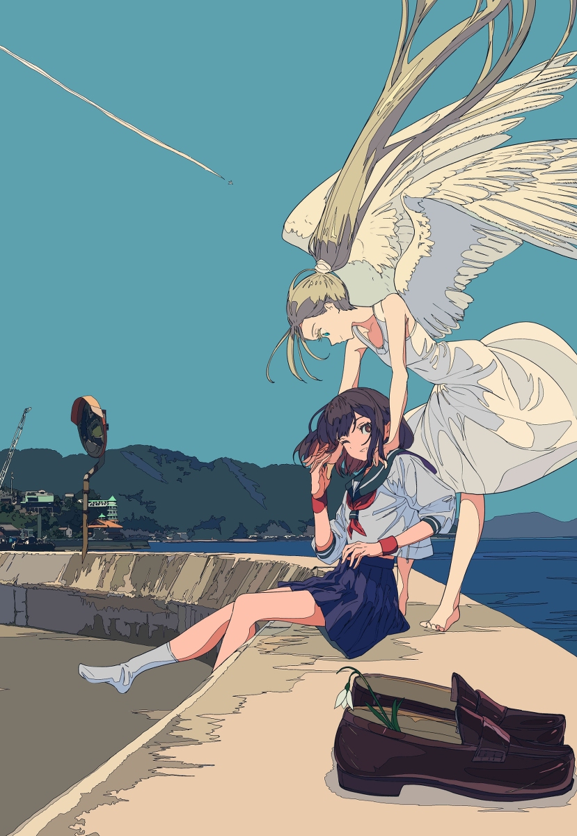 the image shows two anime girls. one is dressed in a white dress with large angel wings and long blonde hair. the other is wearing a school uniform, sitting with her legs crossed on a seaside wall, looking pensively towards the viewer.  she appears to be younger. the setting is a calm seaside with mountains and a small town in the background. the style is illustrative and features soft pastel colors. a pair of loafers rests on the wall next to the seated girl, near a small snowdrop flower. the overall mood is serene and peaceful.