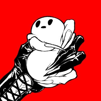 this is a black and white illustration of a hand holding a white, cartoon, monster. it's set against a red background. the hand is wearing a black glove and is holding the monster tightly. the monster is in the shape of a round, white ball with black eyes and a smiling mouth.