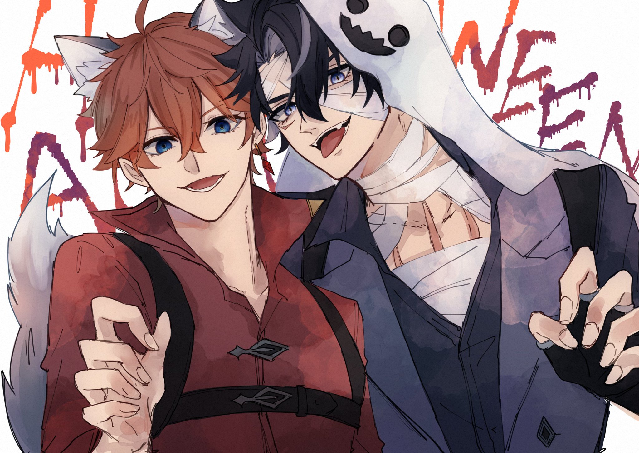 two anime boys are dressed in costumes for halloween. the boy on the left is a werewolf, and the boy on the right is a ghost. they look happy and excited for the holiday. the artwork is digitally created and drawn in a colorful style.