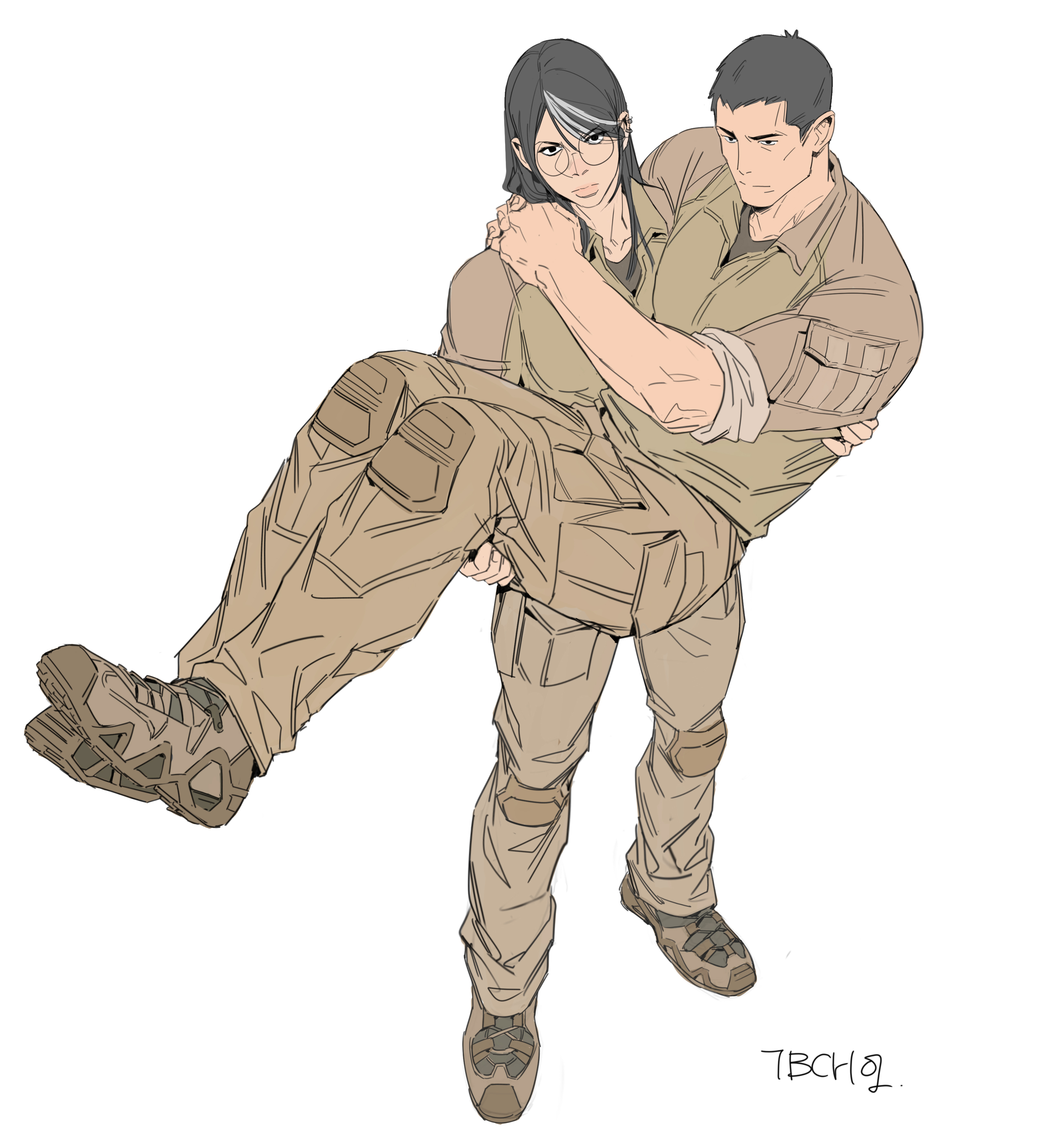 the illustration shows a muscular man in a tan military uniform carrying a woman, also in a similar uniform, using a fireman's carry.  the woman is wearing glasses. the style is reminiscent of manga or anime, with a focus on clean lines and muted colors. the man's expression is serious, while the woman's is more neutral. the background is plain white. the overall impression is one of action, possibly a rescue or supportive act in a military or tactical context.  a small artist signature is visible in the lower right corner.