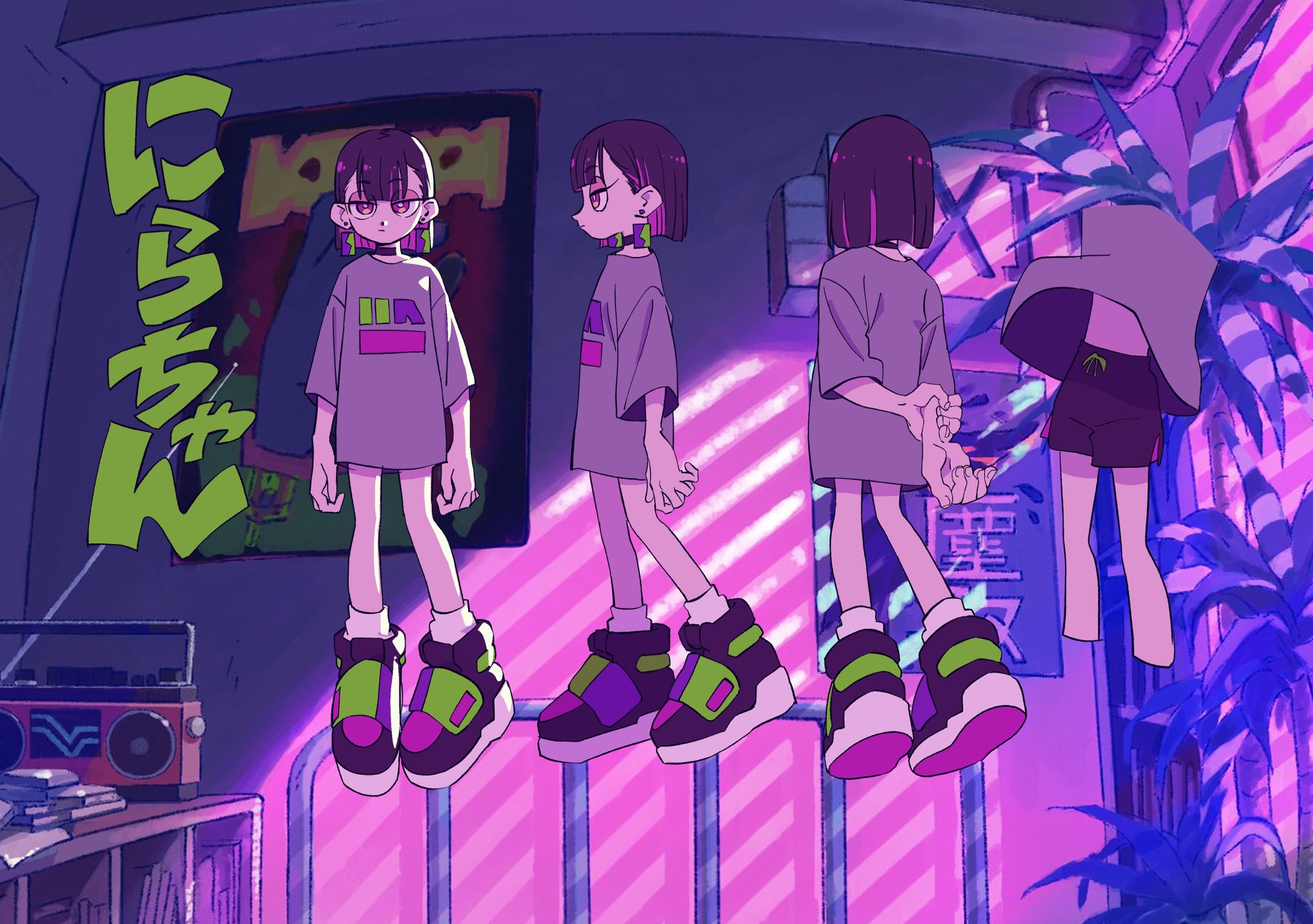a digital illustration featuring a young, stylish girl in a series of poses. she is dressed in streetwear with a graphic tshirt, oversized sneakers, and shorts. the environment is urban and neonlit, with hints of a bedroom setting including a boombox and posters. the image is likely a character design concept sheet, showcasing her look and personality.