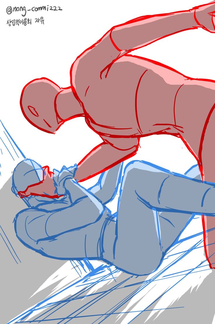 a dynamic sketch of two figures in a fighting pose, one figure is attacking the other. the sketch is done in a simple line art style, with red and blue lines,  showing the action and anatomy of the poses. it's likely a study of dynamic poses and anatomy, perhaps for use in an illustration or animation.