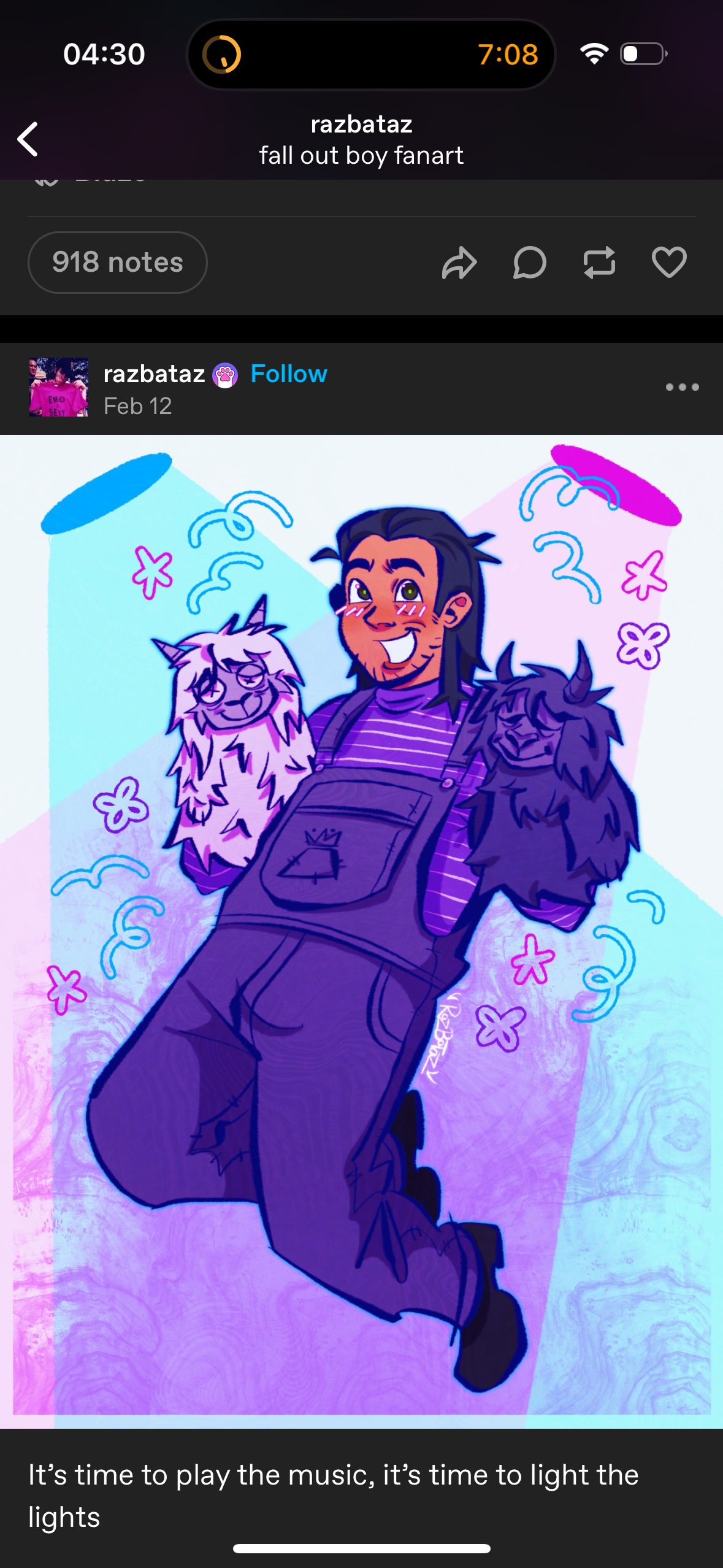 this digital illustration is fan art of the band fall out boy. the image is in a cartoon style, with a whimsical feel. the character, who is wearing overalls and a purple shirt, is holding two fluffy animals and standing with one leg out. the background is a gradient of pink and blue with swirls and hearts. the caption reads, "it's time to play the music, it's time to light the lights."