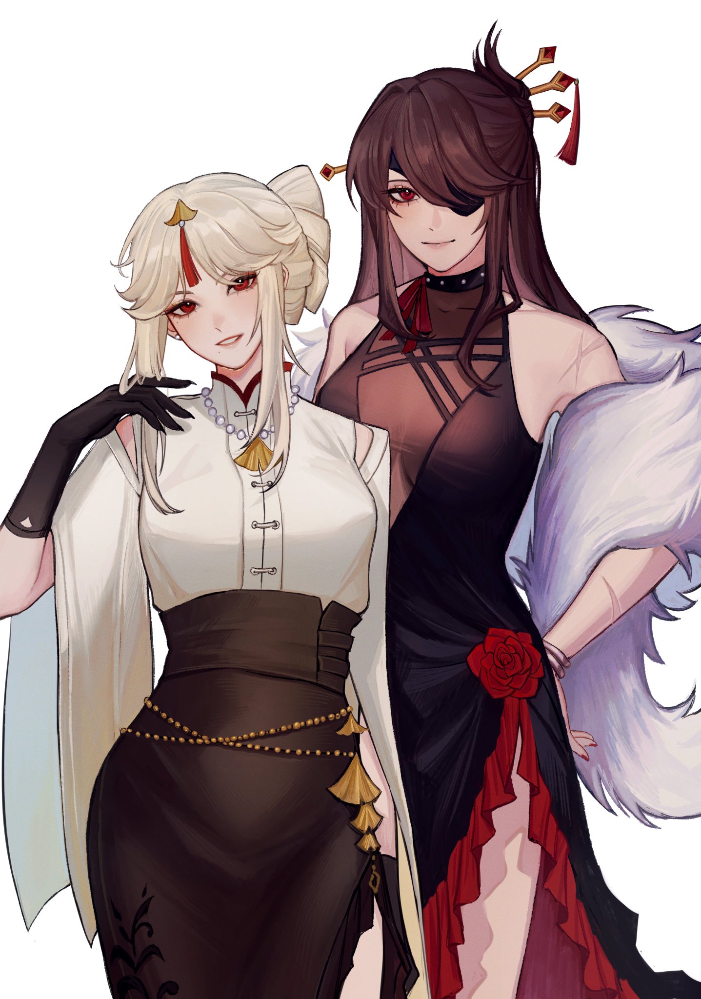 this illustration features two anime girls in elegant dresses. the girl on the left has long white hair, is wearing a white and black dress with black gloves. she has a pearl necklace and other gold accessories. the girl on the right has long brown hair, is wearing a black dress with red details and a red rose. she is also wearing an eyepatch and a white furry shawl. the girls are looking at the viewer and are both very stylishly dressed.