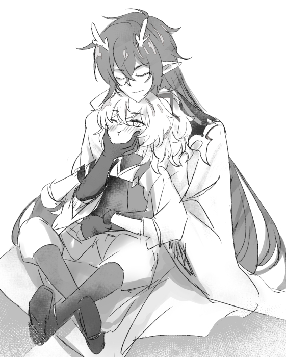 this is a black and white illustration of a male anime character with long black hair and horns holding a female anime character with white hair. the female character is blushing, and the male character is looking at her with a gentle expression. the couple is sitting together, and the male character has his arm around the female character's waist. the illustration is drawn in a very stylized, almost whimsical, way.