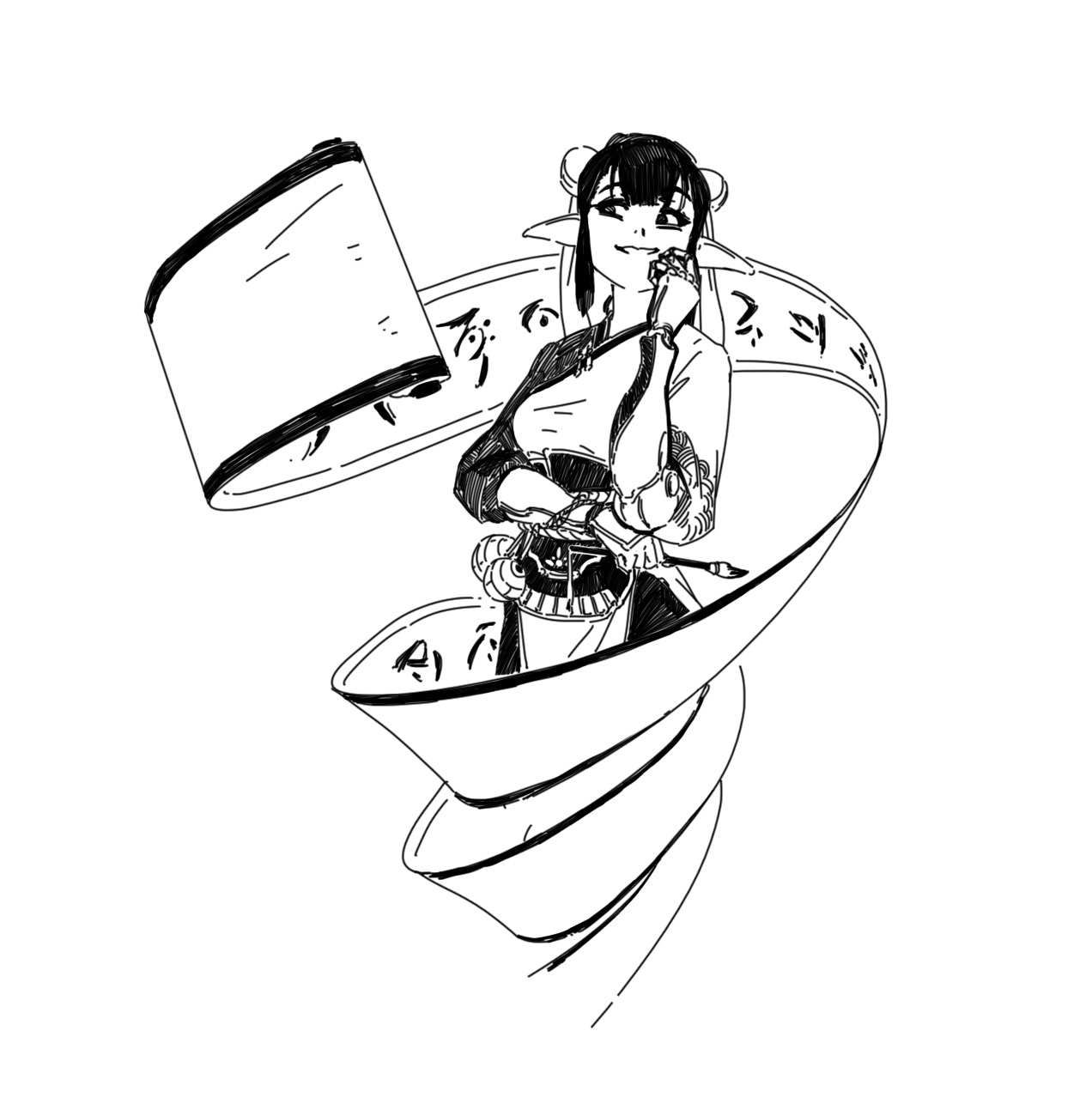the image is a black and white ink drawing of an animestyle female character. she appears to be an artist, possibly a painter, holding a paintbrush and surrounded by a swirling scroll or canvas. her expression is thoughtful and contemplative. the art style is detailed, with expressive line work and shading.  the overall aesthetic is whimsical and elegant.