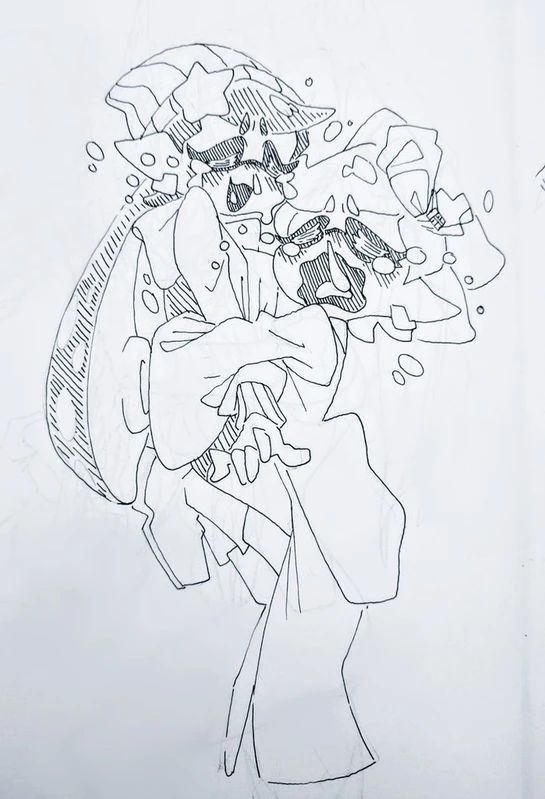 a black and white line drawing of two cartoon characters. the characters are embracing and facing forward. the character on the left has a large hat and the character on the right is wearing a mask. the artwork appears to be a doodle or a sketch.