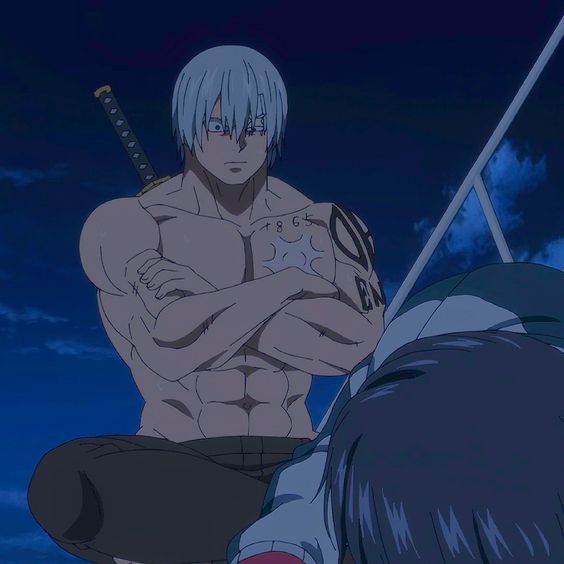 a shirtless, muscular man with white hair and tattoos sits on a boat at night, looking intensely at someone below him.  another person with long, dark hair is lying down in the foreground. the image's overall tone is dark and dramatic. the style appears to be anime.