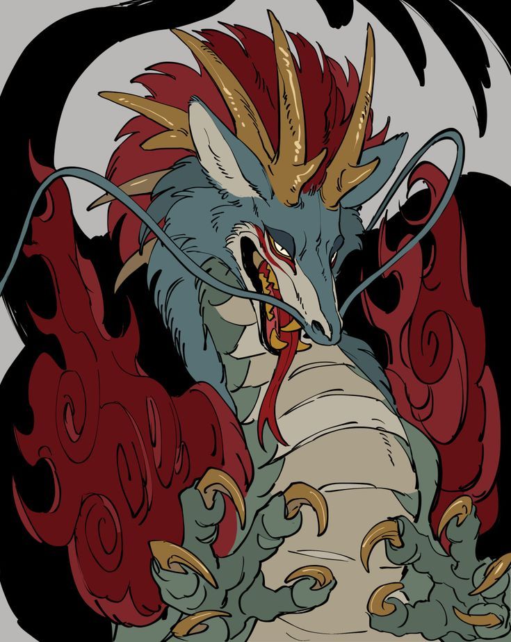 the image is a digital painting of a stylized dragon. the dragon is predominantly teal and light gray, with red and gold accents. its head resembles a canine or wolf, with sharp fangs and horns atop its head. the horns are gold and red. the dragon's claws are prominent and sharp, and its body is partially obscured by swirling red flames and smoke. the background is dark gray with black brushstrokes. the overall style is reminiscent of japanese ukiyoe artwork, blending traditional elements with a modern digital approach. the dragon appears powerful, fierce, and slightly menacing.