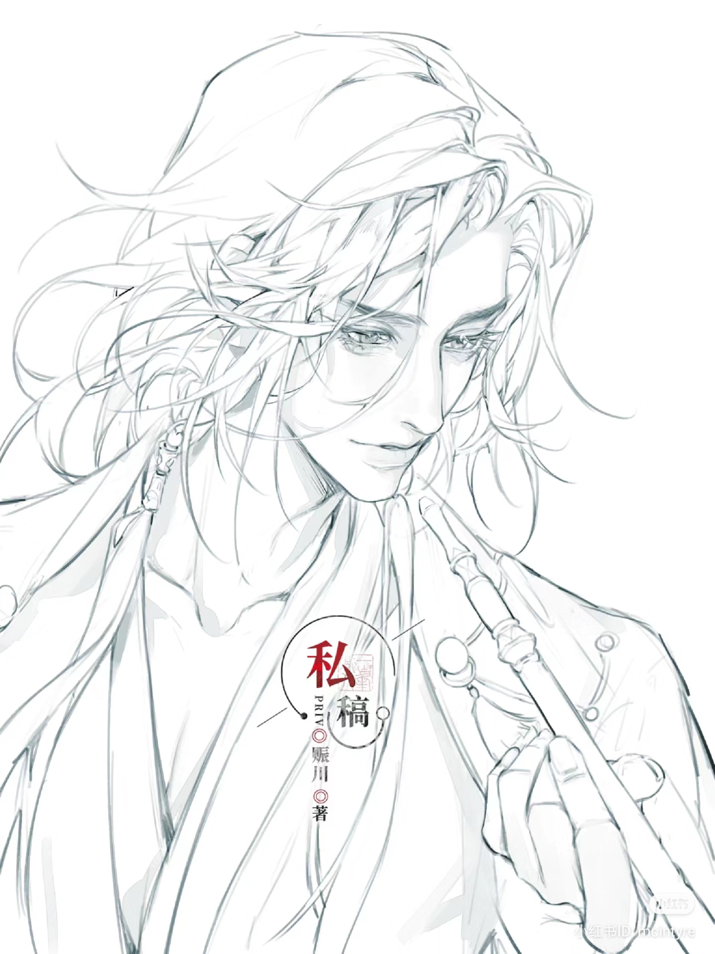 a black and white sketch of a young man with long, flowing hair looking down. he is wearing traditional chinese clothing and holding a flutelike instrument in his right hand. the line work is delicate and flowing, creating a sense of elegance and grace. there is chinese text visible on the image.