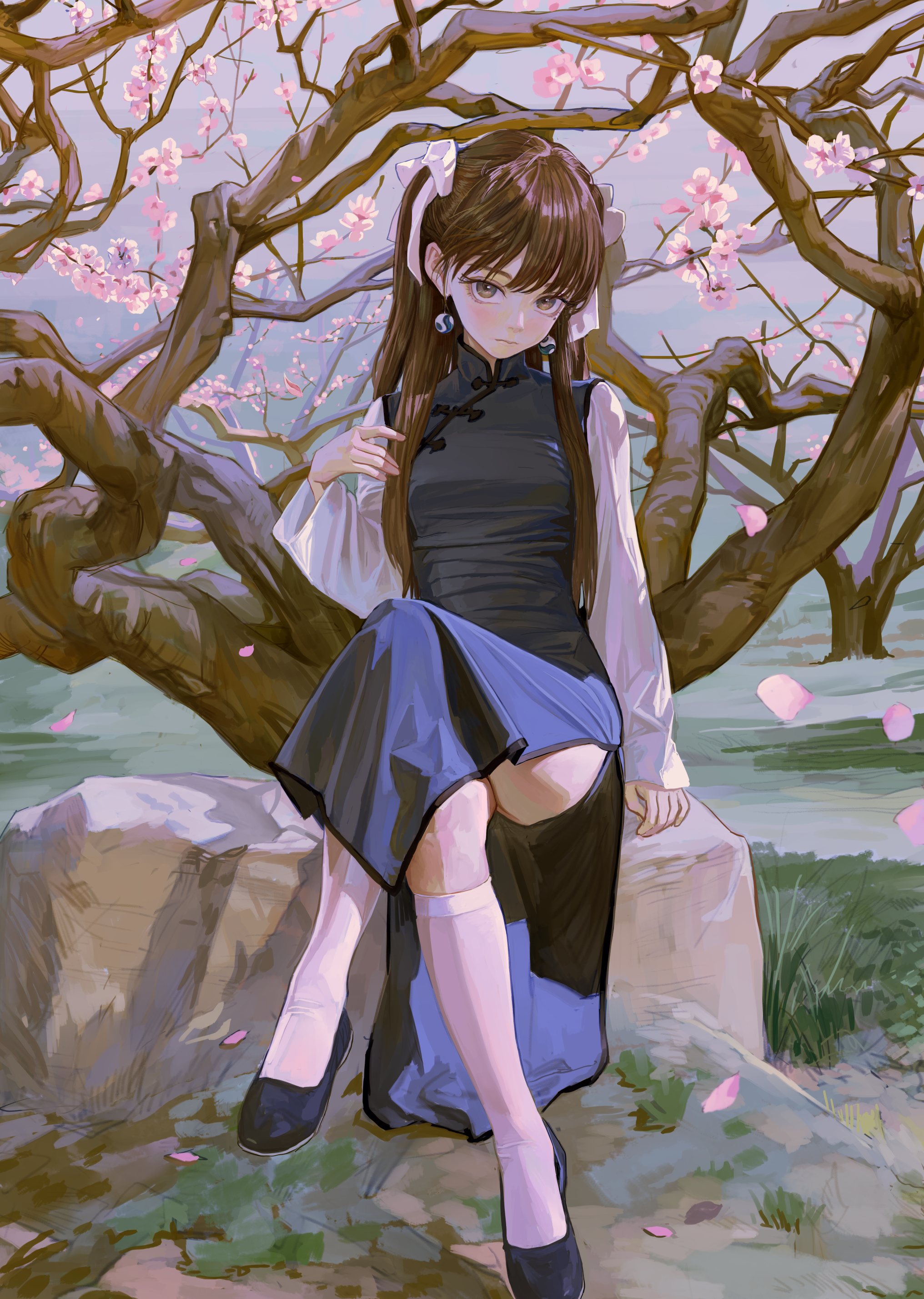 an animestyle image depicts a young woman with brown hair and brown eyes sitting on a rock beneath a cherry blossom tree. she is dressed in a dark blue and black dress with white sleeves, black shoes, and white stockings. she has her hair styled in pigtails. cherry blossoms are blooming on the tree branches above and pink petals are scattered on the ground around her.