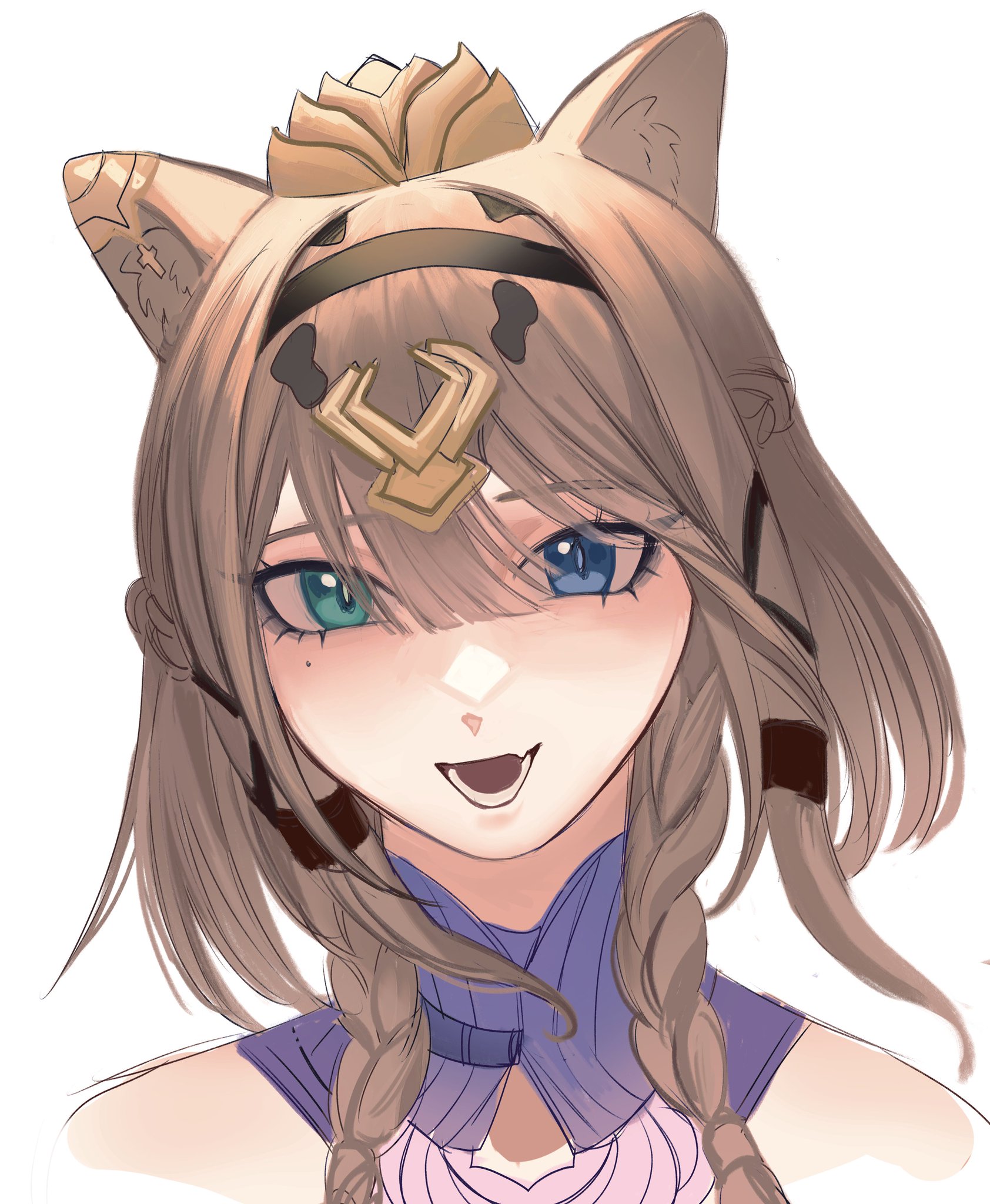 this is a digital illustration of an anime girl with cat ears, she has long brown hair braided on both sides, she is wearing a headband with cat ears and a purple outfit, her blue and green eyes are wide open and her mouth is slightly open. her expression is slightly mischievous.