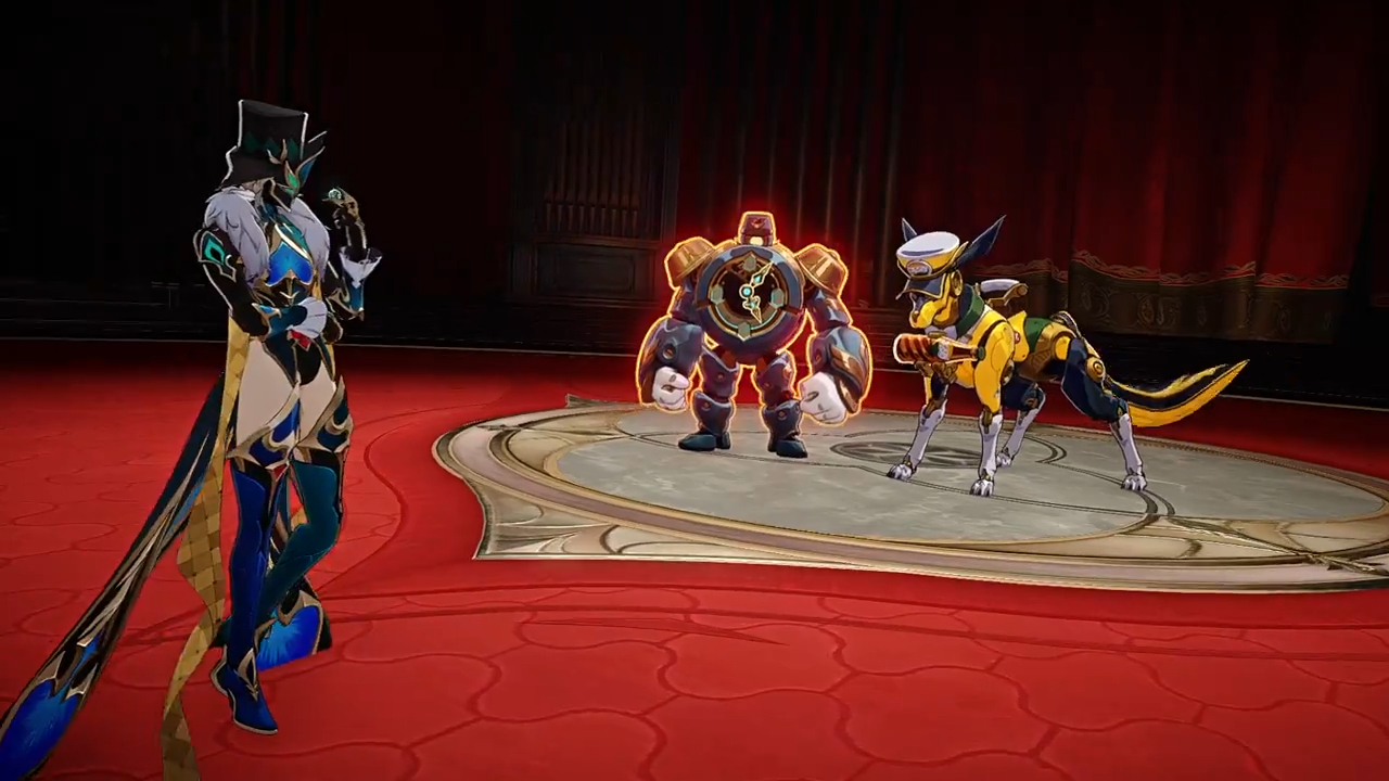 a character in a video game. the character is a humanlike figure wearing a black hat and black and blue armor with gold accents. they stand on a red carpet in a circular room with a mechanical creature in the background. the creature is blue with a yellow clock face and a long tail. the room has a red carpet and a gold trim around the edge.