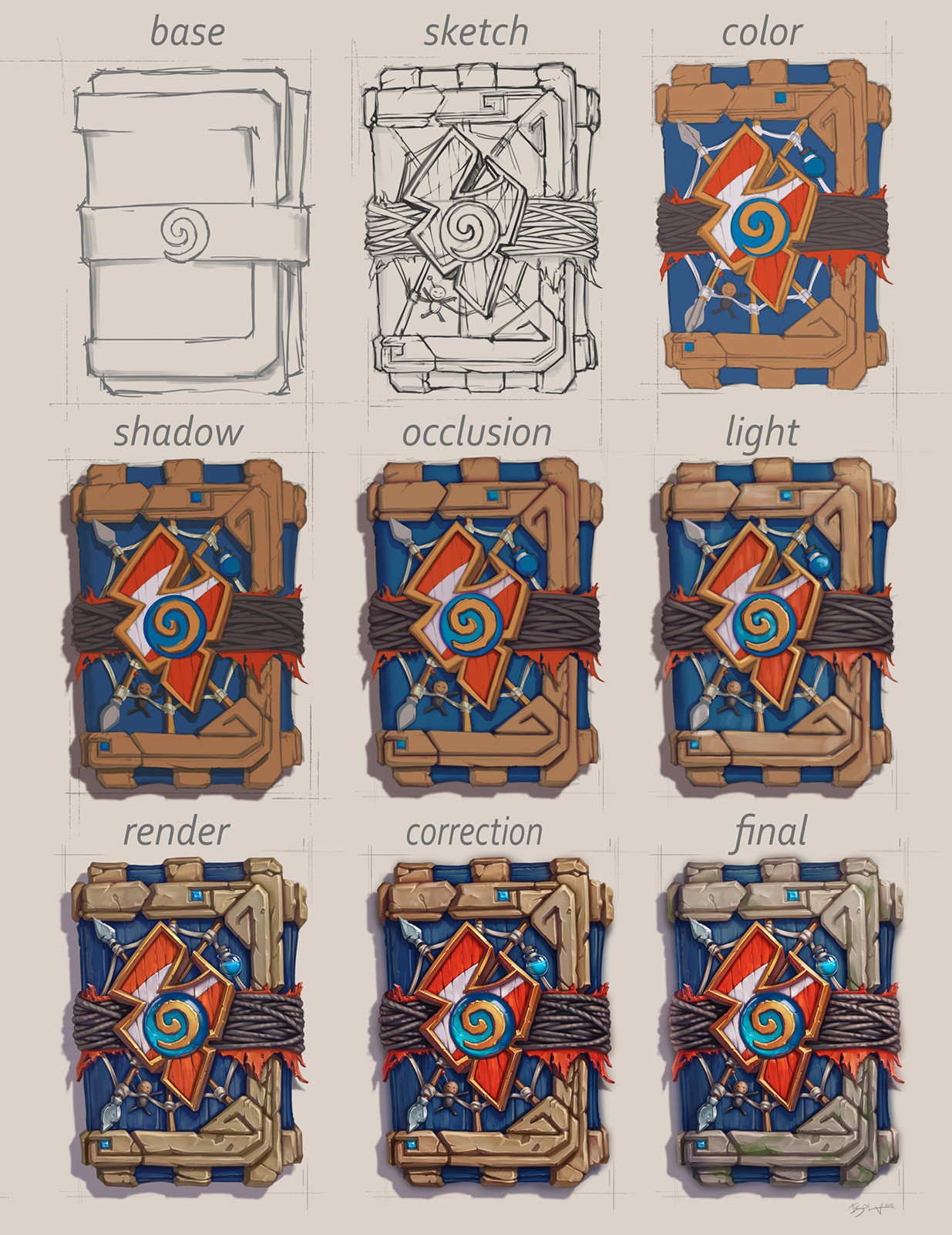 the image shows the different stages of creating a card for a card game. from the base sketch to the final rendered version, each stage is presented in a separate panel. the process starts with a simple sketch, followed by color, then shadow and occlusion. the light is added in the next stage, then render and correction. the final version is a fully rendered 3d card with intricate details and textures.