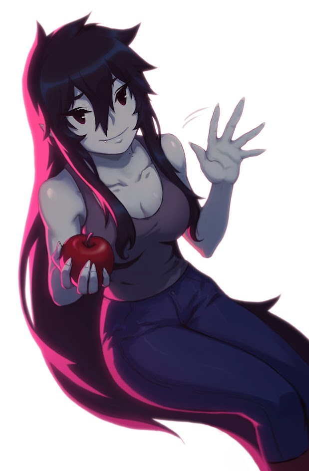 a cartoon drawing of a female anime character with long black hair and red eyes. she is wearing a pink tank top, blue jeans and is holding a red apple in her right hand. she is waving with her left hand. the character is in a seated position against a white background.