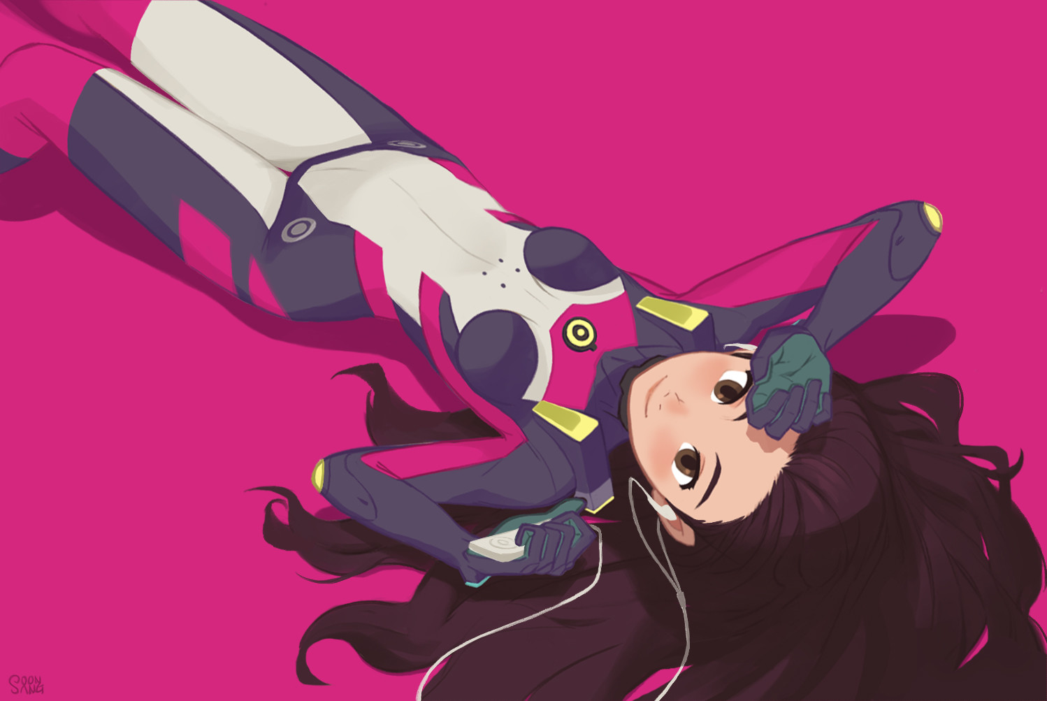 a young woman with long dark hair lies on her back against a vibrant pink background. she's wearing a sleek, futuristic pink and purple bodysuit and has white headphones in her ears. her expression is peaceful, suggesting she is enjoying music or a moment of quiet reflection.  the overall style of the image is reminiscent of anime or manga.
