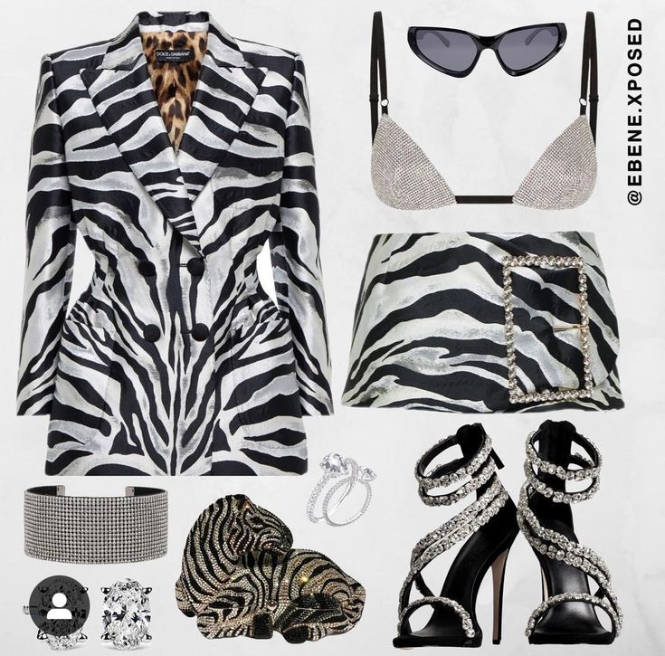 the image showcases a fashionforward outfit. it features a zebra print blazer paired with a matching mini skirt, a crystalembellished bikini top, and black sunglasses. completing the look are a variety of crystal accessories, including a bracelet, rings, and black high heels adorned with crystals. a zebra print clutch adds a unique touch. the overall aesthetic is luxurious and stylish, with a focus on the zebra print pattern and the sparkle of the crystal details.