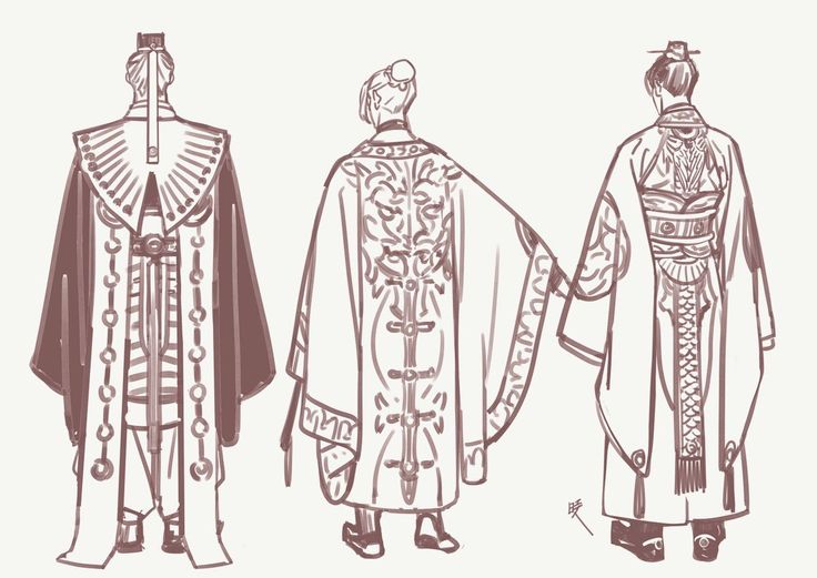 three men standing backtoback. they're wearing long sleeved robes with detailed decorations. it's a sketch in brown color, and it seems to be a design for chinese traditional clothes.