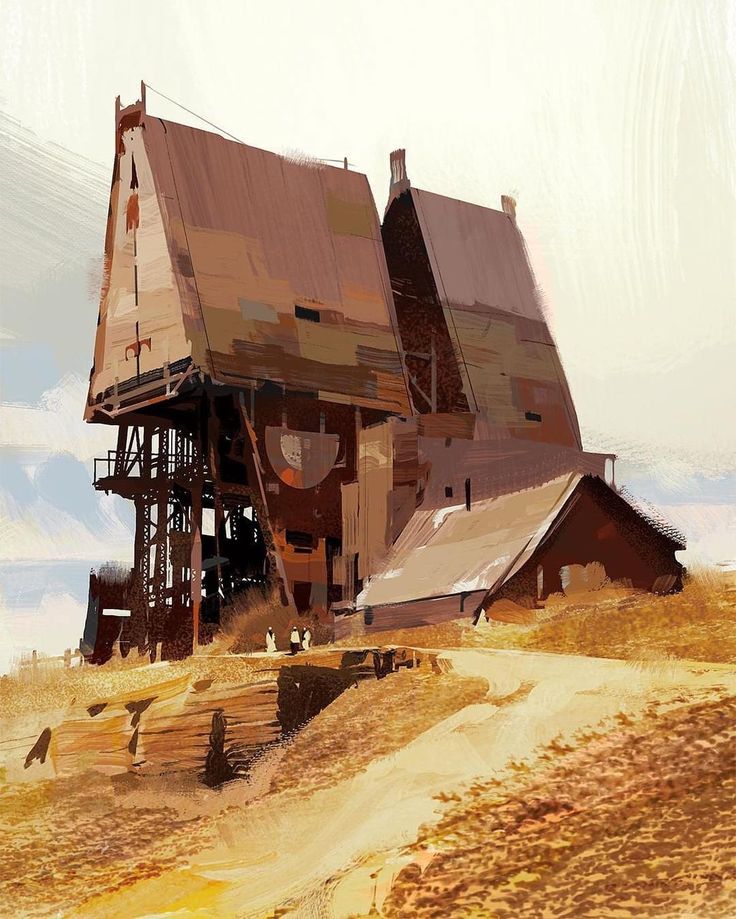 this is an illustration of two dilapidated wooden structures on top of a hill. the structures are made of wood and metal, and appear to be abandoned. the roofs are slanted and there is a smaller structure attached to the side. there is a path leading up to the structures, and some rubble in the foreground. the overall palette is warm and muted, with browns, yellows, and oranges.