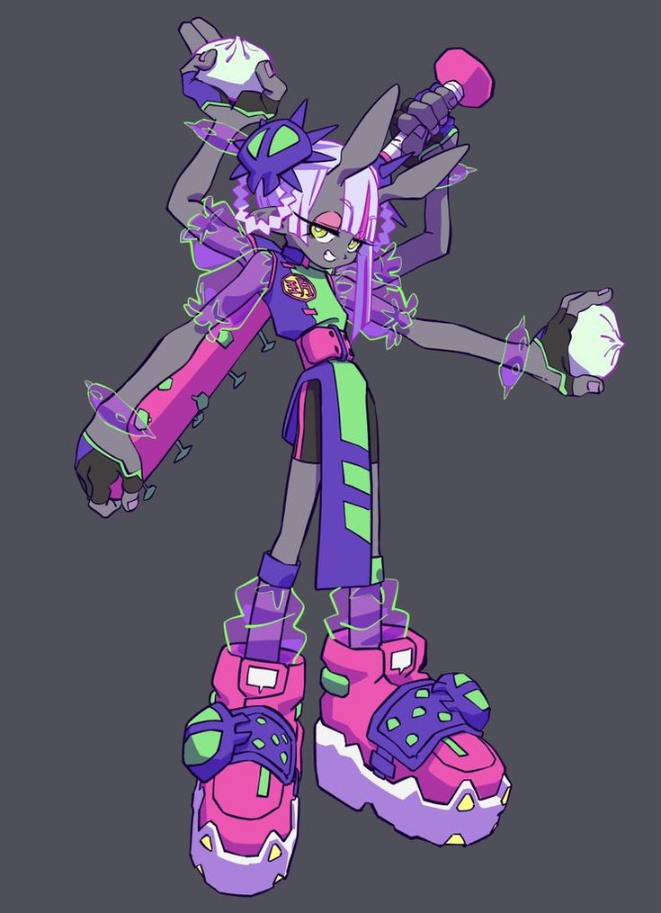 this is a digital illustration of a cartoon, anime, or manga character with a futuristic style. the character appears to be a monster or creature with rabbitlike ears and is wearing a stylish outfit with accessories. the colors are bright and vibrant with a combination of pink, purple, and green. the design is imaginative and detailed, with a focus on technology and cyberpunklike aesthetics. the character has a strong and confident pose, showcasing a unique and interesting personality.