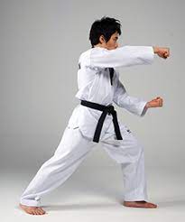a man in a white taekwondo uniform with a black belt is performing a punching move. he is in a fighting stance with his left leg forward and his right arm extended. the background is a light gray.