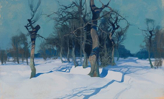 this is an impressionistic landscape painting of a snowy forest in winter.  tall, slender trees stand in the snow, their bare branches reaching towards the sky.  the snow on the ground is painted in shades of blue and white, reflecting the cool light of the winter sky. long blue shadows are cast by the trees across the snow. the overall feeling of the painting is one of peace and stillness.