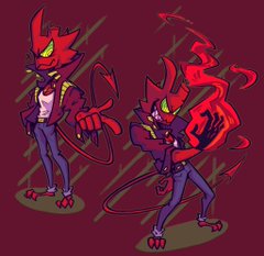 a red demon character with two poses in front of a red background. they have spiky hair, horns, and claws, and they are wearing a jacket and pants. one of the poses shows the demon character pointing forward, while the other shows them summoning a flame in their hand.