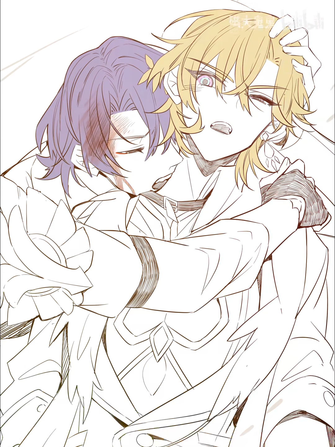 the image is a line art drawing in a style reminiscent of anime or manga, depicting a tender embrace between two young men.  the focus is a closeup of the hug, showing the intimate closeness of their bodies. one young man has blond, shoulderlength hair and the other has purple hair of similar length. both are paleskinned and wear detailed clothing that suggests a fantasy or perhaps video game setting. the lines are delicate and suggest a romantic or affectionate relationship between the characters. the style is clean and stylized, rather than realistically detailed.  the overall mood is romantic and soft.