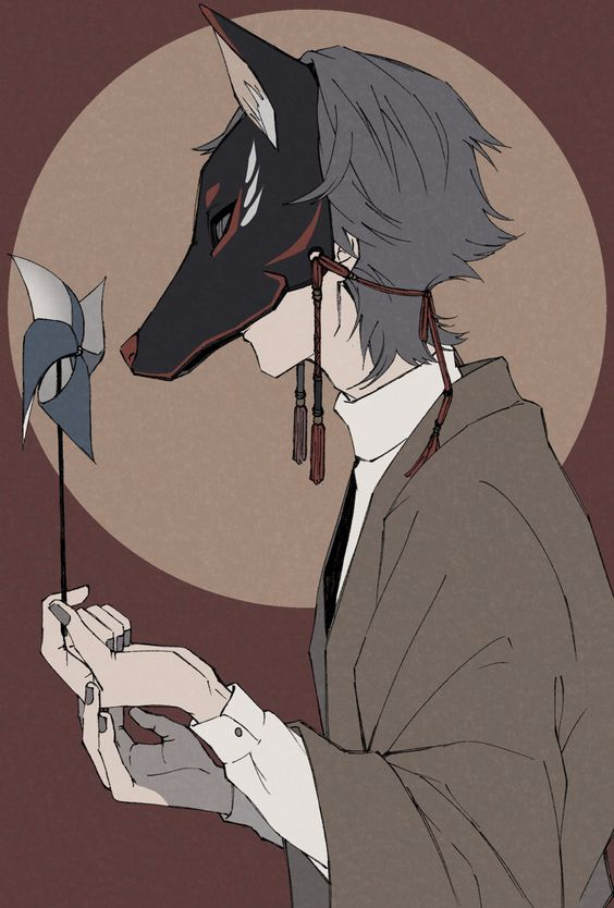 the image depicts a young man in profile, wearing a black kitsune mask that obscures the upper half of his face.  he is dressed in a stylized, loosefitting ensemble that resembles traditional japanese clothing, rendered in muted browns and grays. his hair, a shade of gray, falls loosely around his face.  the man delicately holds a blue and white pinwheel in his hand, his gaze directed downwards towards it. the background is a simple composition of a muted reddishbrown tone, accented by a lighter tan circle directly behind the subject.