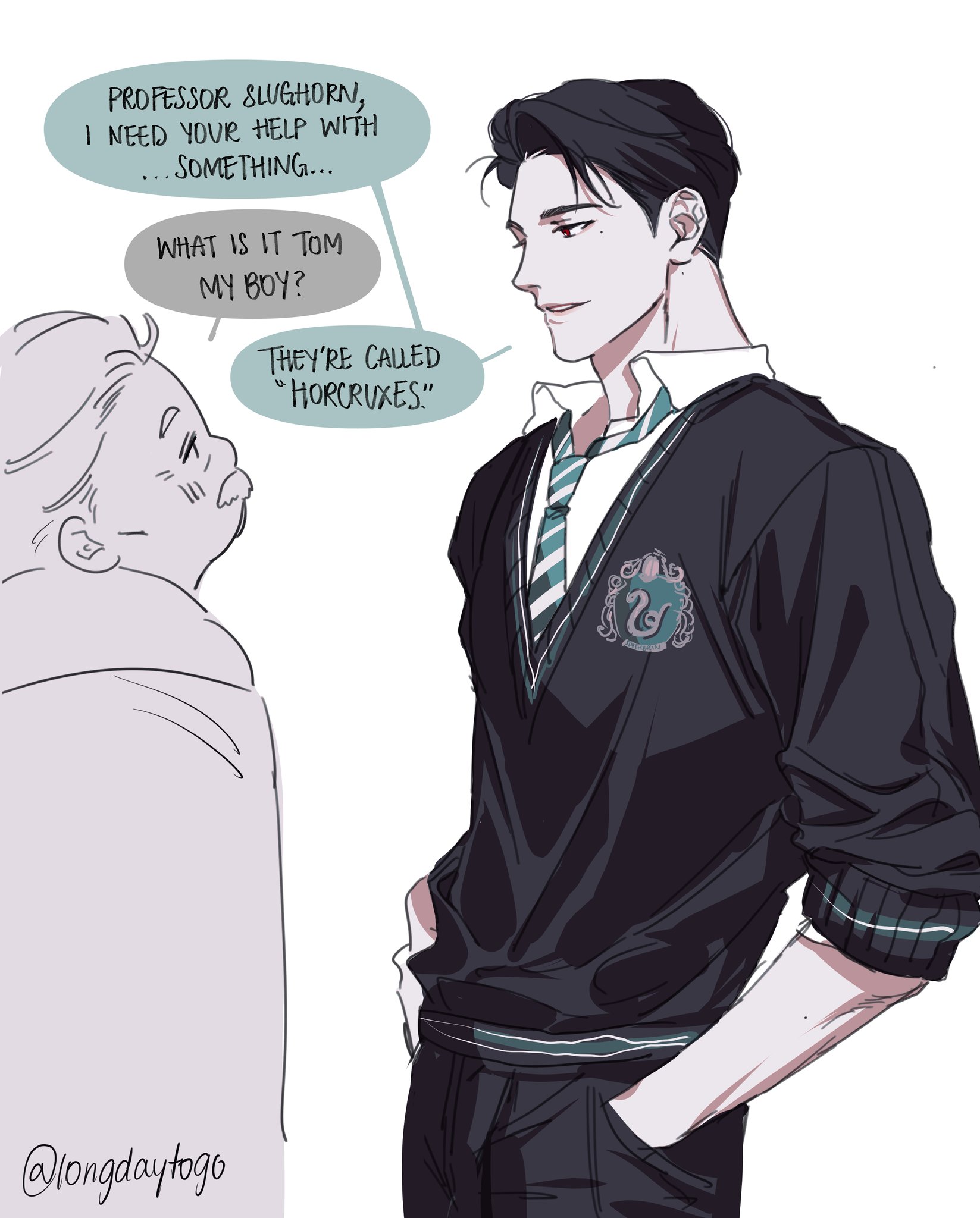 he image is a fan art illustration depicting a young tom riddle (as seen in the harry potter series) in a slytherin school uniform. he's talking to professor slughorn. tom riddle is asking for help regarding "horcruxes." the art style is reminiscent of manga or anime, with clean lines and shading. the focus is on tom riddle, who is presented as a handsome, darkhaired young man. the overall mood is somewhat serious and mysterious due to the subject matter and the characters' expressions. the background is plain, with the emphasis clearly on the characters and the dialogue.