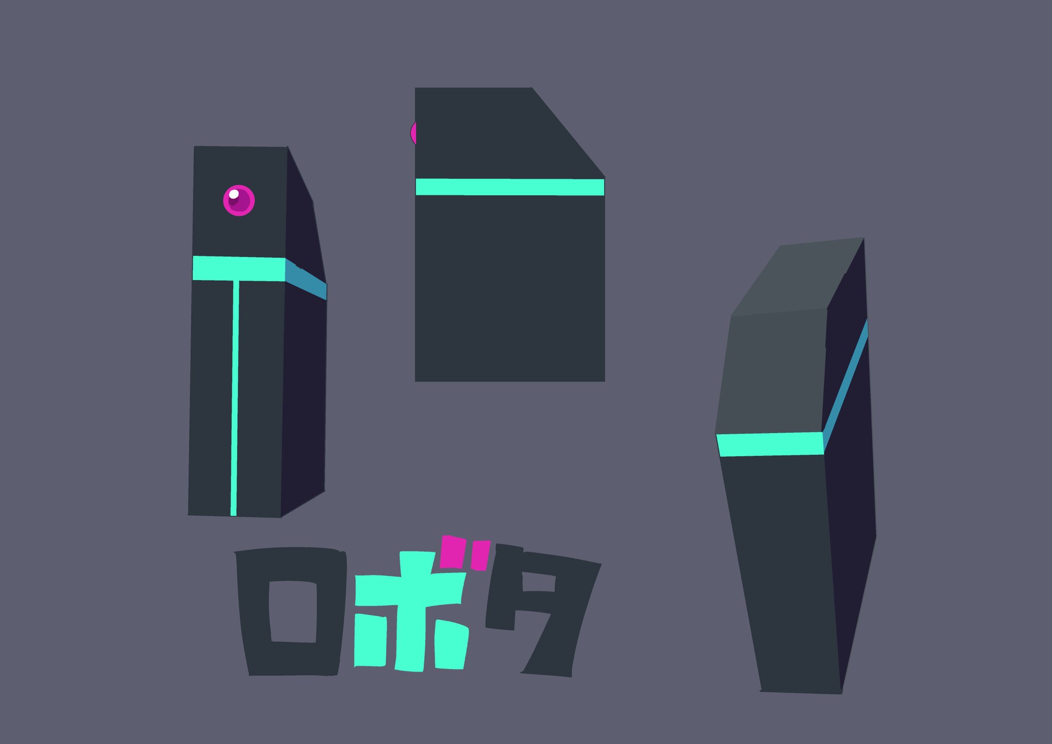 he image showcases a stylized, lowpoly 3d model of a robot or mech. it's presented in three different angles  front, side, and back  against a dark grey background. the robot features a simple design with a predominantly dark gray color scheme, accented by a thin turquoise line running vertically and a single pink dot on the front.  japanese text, possibly the robot's name, is displayed beneath the model.