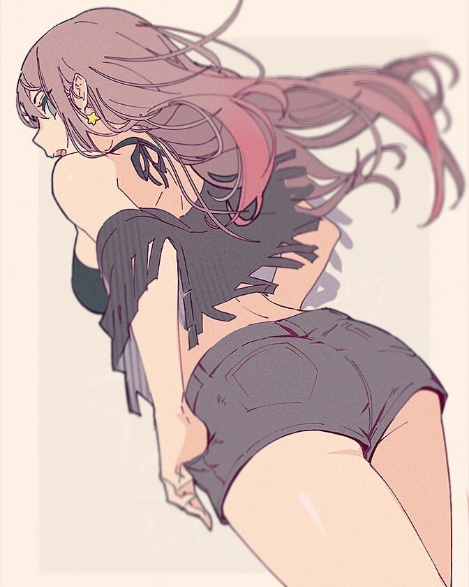 an anime style drawing of a girl from the back. she has pink hair and green eyes. she is wearing black shorts, a black top, and a gold star earring. she is looking back over her shoulder while leaning forward.