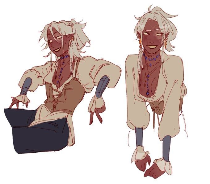 the image contains two digital sketches of a female elf character, possibly a pirate,  presented in different poses.  both versions depict the character with white/light gray hair, dark skin, and wearing a beige, loosefitting top over a brown corsetlike top. she has dark blue jewelry including earrings and a long necklace. one pose shows her sitting, relaxed, and the other shows her in a more upright, confident posture. the art style is loose and sketchlike, with visible brushstrokes, suggesting a work in progress or a quick character study. the background is plain white.