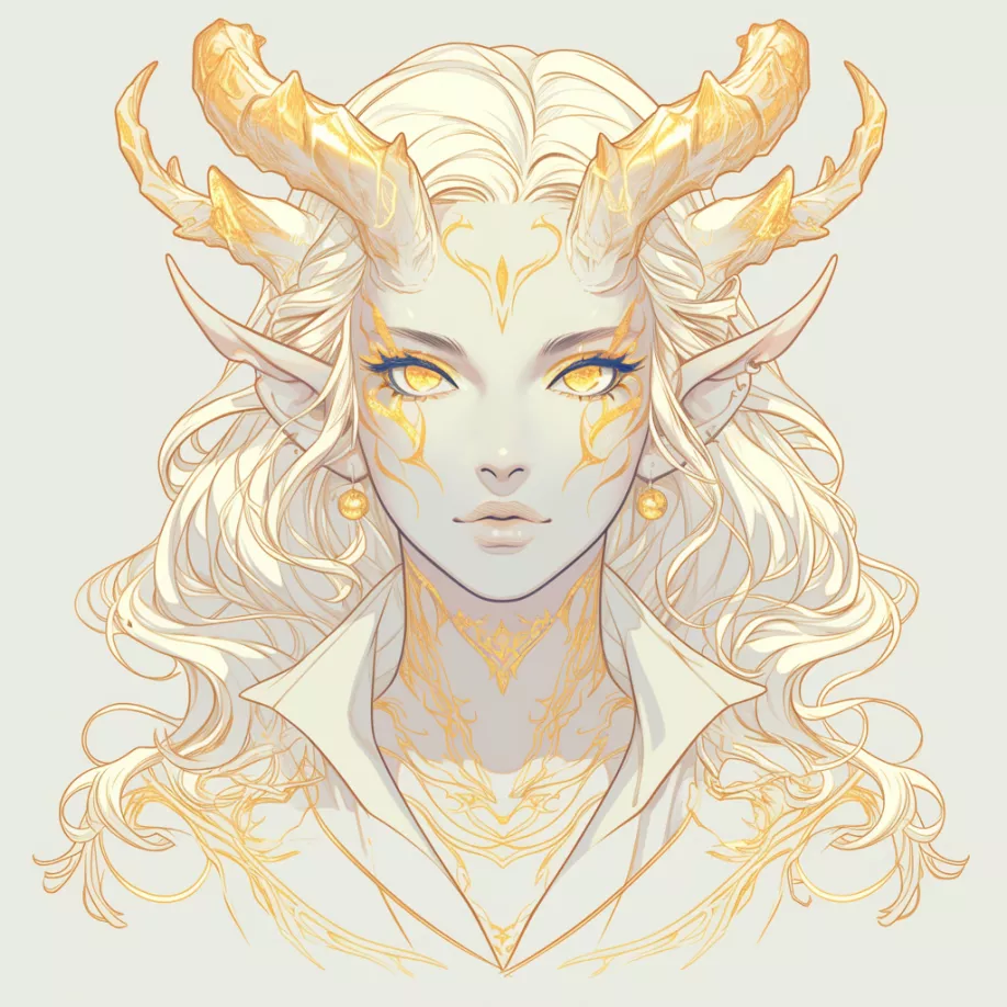 the image is a digital painting of a female elf with flowing white hair and large, curved golden horns. her skin is pale, and her eyes are a striking yellow.  she wears intricate gold markings on her face, neck, and chest, reminiscent of delicate jewelry or tattoos. she is dressed in a simple white garment, allowing the gold details to stand out. the background is a plain offwhite, further emphasizing the subject.