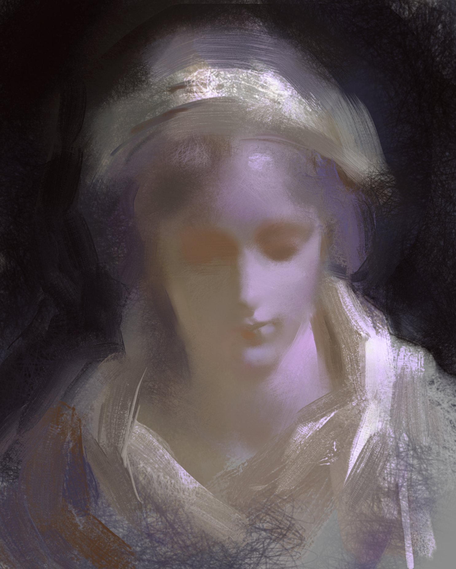 a digital painting of a woman's portrait. she has long hair and is wearing a white dress and shawl. she has a serene and peaceful expression on her face. the painting is soft and dreamy, with light colors and textures. the woman appears ethereal and delicate, as if she is floating on a cloud. the painting is suggestive of spirituality and beauty, evoking a sense of calm and hope.