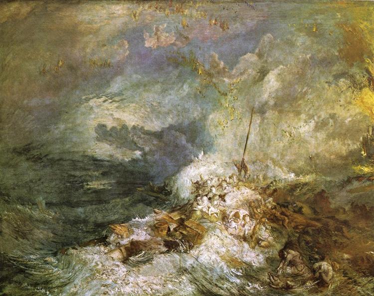the painting depicts a shipwreck scene with a group of people struggling amidst a stormy ocean. the sea is turbulent with large waves crashing against a broken ship. the sky is dark and cloudy, with dramatic lighting highlighting the chaos and struggle of the scene.