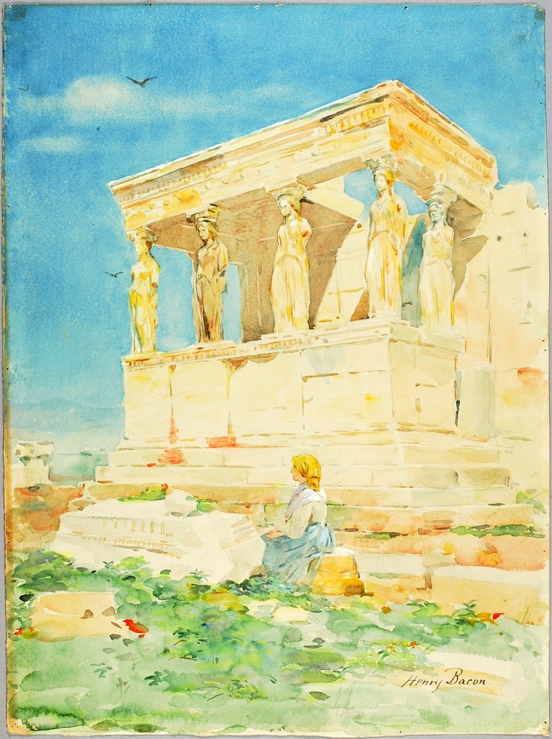 a watercolor painting by henry bacon depicting the erechtheion in athens, greece, featuring the caryatids. a woman sits on the steps in the foreground. the sky is blue and birds fly above the building. the foreground includes green vegetation. the painting is signed "henry bacon" in the lower right corner.