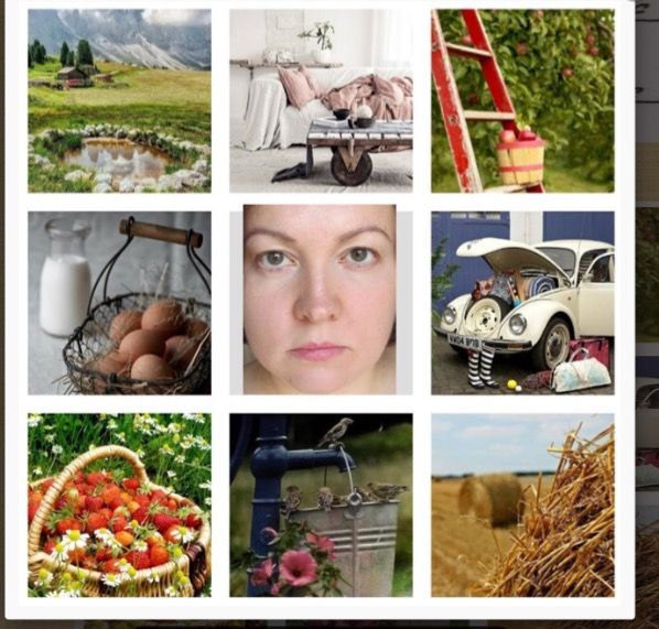 a collage of nine images, showing scenes of nature, rural life, and farming. the top left image shows a picturesque green valley with a small cottage in the distance. the top middle image shows a cozy living room with a white couch and a coffee table with a potted plant. the top right image shows a red ladder leaning against a tree in an orchard. the middle left image shows a basket of brown eggs and a glass of milk. the middle middle image shows a closeup portrait of a woman. the middle right image shows a vintage white volkswagen beetle parked next to a blue house. the bottom left image shows a basket of red strawberries in a green field. the bottom middle image shows a wooden well with a metal pump and a bucket of water. the bottom right image shows a field of golden hay bales.