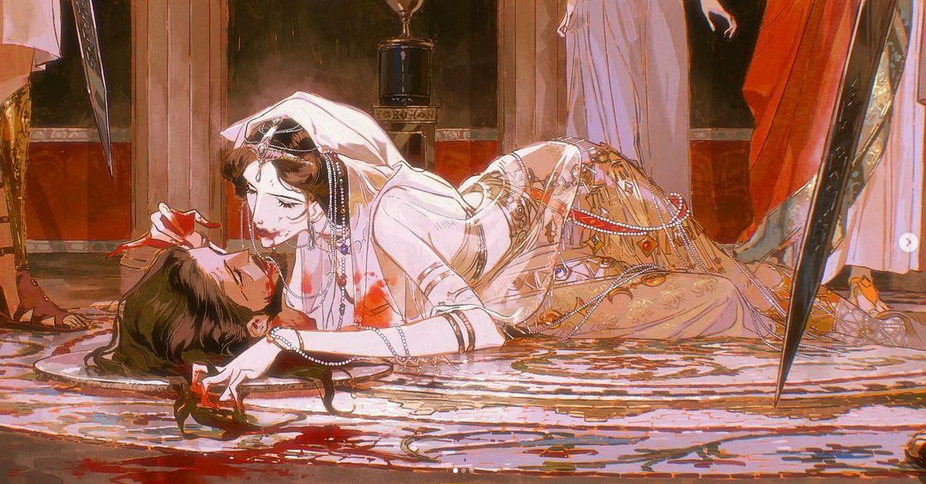 the image is a digital painting that depicts a woman in a white dress and jewelry, kneeling over a dead woman on the floor. the dead woman is wearing a gold and white dress, and her head is resting on a platter. there is blood everywhere, and a knife lies on the floor beside the platter. the woman kneeling over the body appears to be in a state of grief or shock, and her eyes are wide with horror. the background is a dark and ominous setting, with pillars and a statue in the distance. the overall tone of the painting is dark and tragic, but there is also a sense of beauty and mystery in the art style and composition.